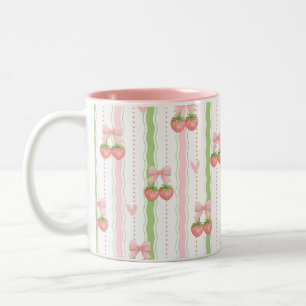 Cute Strawberry Bow Pink Green Wavy Stripe Mug