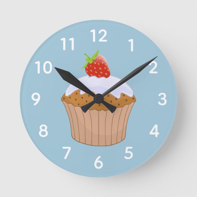 Cute Strawberry Bun Blue Round Clock (Front)