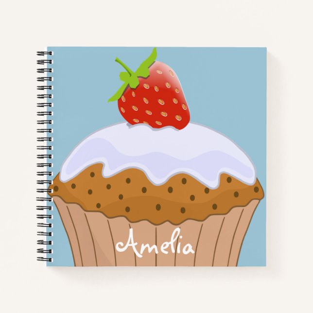 Cute Strawberry Bun Personalised Blue Notebook (Front)