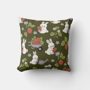 Cute Strawberry Bunny Garden Pattern Cottagecore Cushion