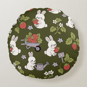 Cute Strawberry Bunny Garden Pattern Cottagecore Round Cushion