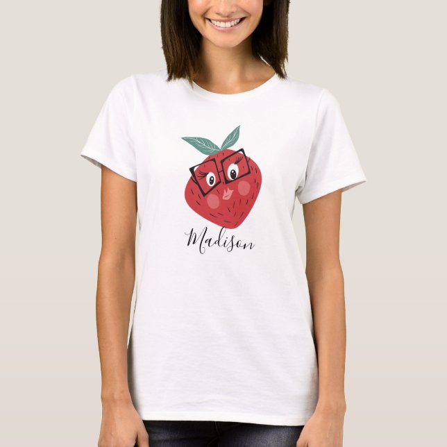 Cute Strawberry Cartoon Hand Drawn Name  T-Shirt (Front)