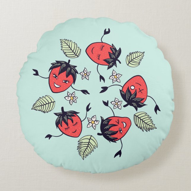 Cute Strawberry Characters Round Cushion (Front)