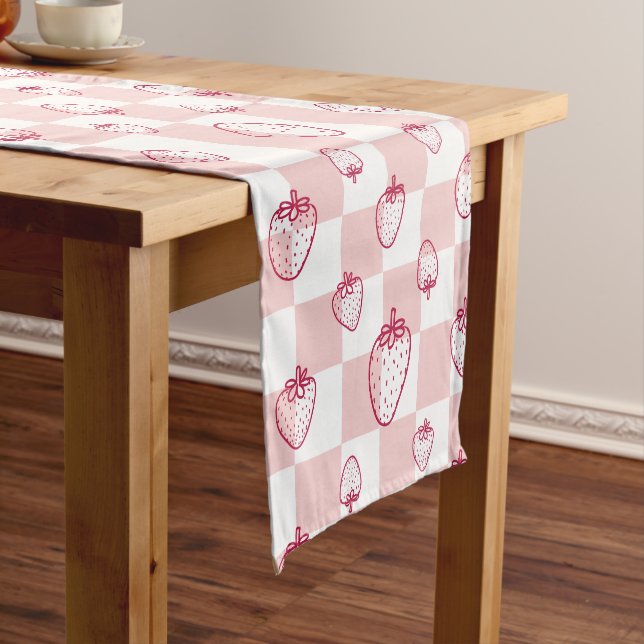 cute strawberry chequerboard pattern short table runner (In Situ)