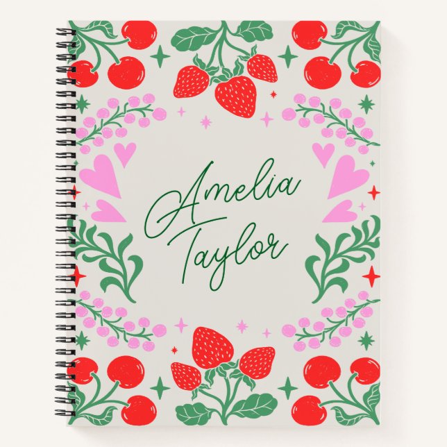 Cute Strawberry Cherry Aesthetic Personalised Name Notebook (Front)
