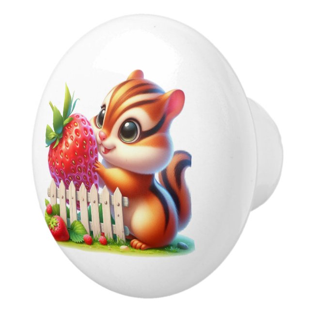 Cute strawberry chipmunk kitchen ceramic knob (Right)