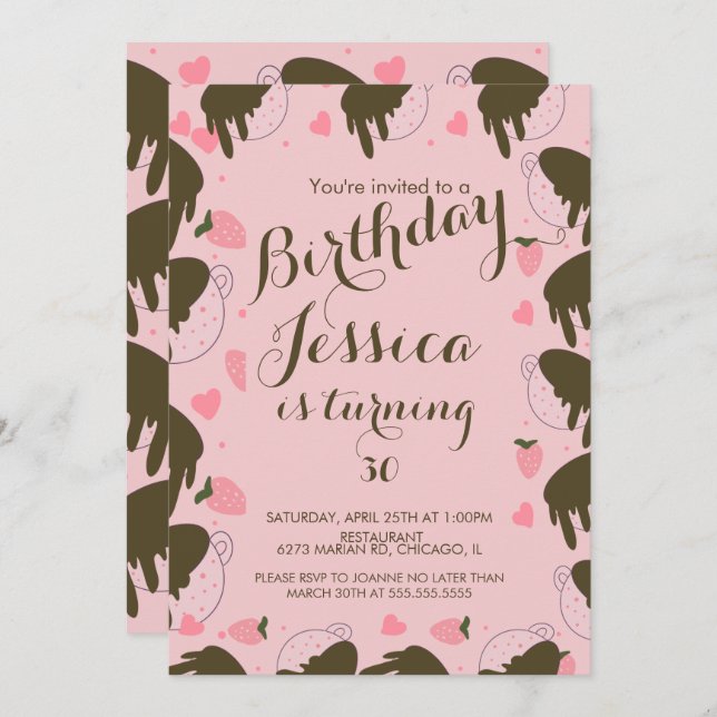 Cute Strawberry Chocolate Dripping Birthday Invitation (Front/Back)