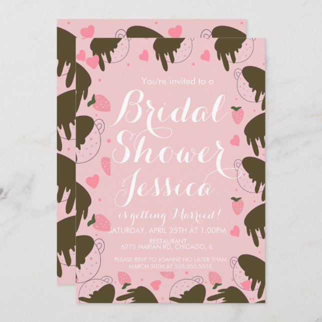 Cute Strawberry Chocolate Dripping Coffee Hearts Invitation (Front/Back)