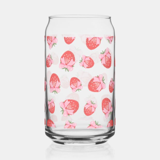Cute Strawberry Coquette Pink Bow Pattern Can Glass (Front)