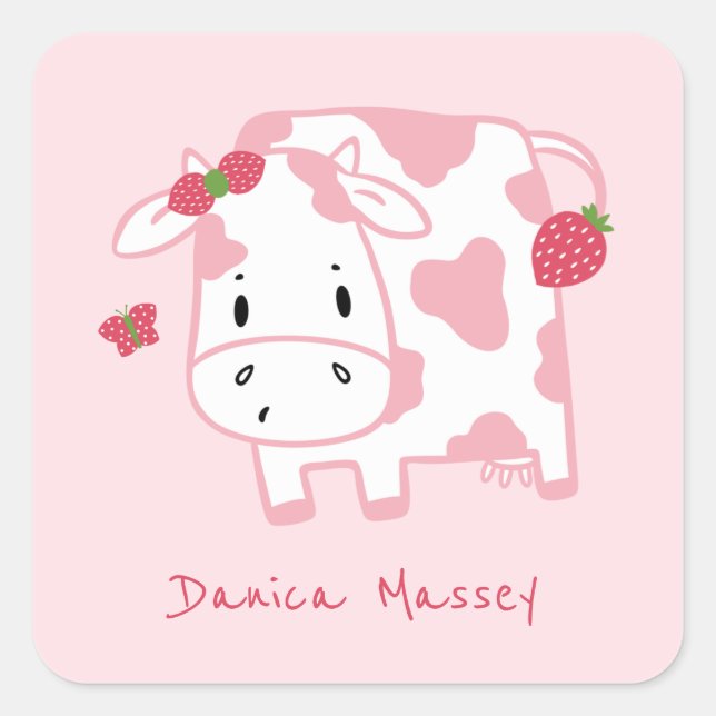 Cute Strawberry Cow and Butterfly | Name Square Sticker (Front)