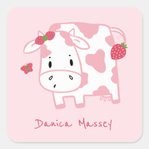 Cute Strawberry Cow and Butterfly Name Square Sticker