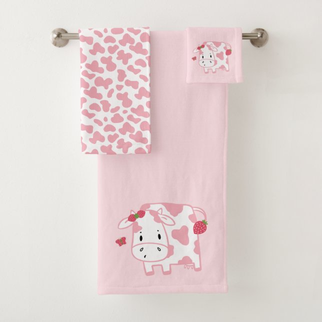 Cute Strawberry Cow and Spots Pattern Bath Towel Set (Insitu)
