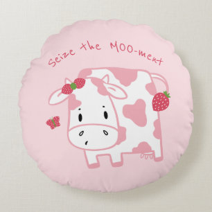 Cute Strawberry Cow   Seize the Moo-ment  Round Cushion