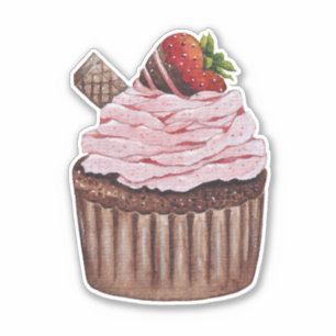 Cute Strawberry Cupcake  In Watercolor