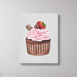Cute Strawberry Cupcake In Watercolor Canvas Print