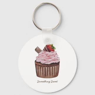 Cute Strawberry Cupcake  In Watercolor Key Ring