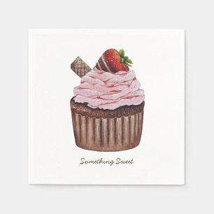 Cute Strawberry Cupcake In Watercolor Napkin