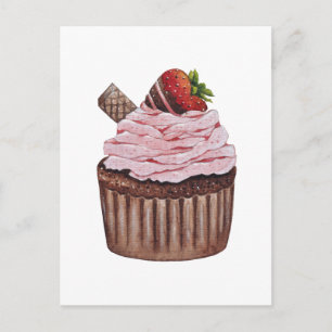 Cute Strawberry Cupcake In Watercolor Postcard