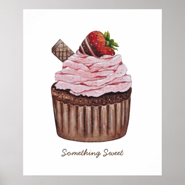 Cute Strawberry Cupcake  In Watercolor   Poster (Front)