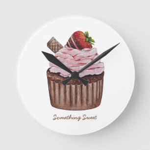 Cute Strawberry Cupcake In Watercolor Round Clock