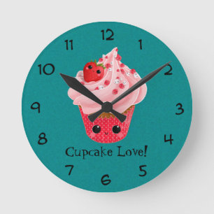Cute Strawberry Cupcake Round Clock