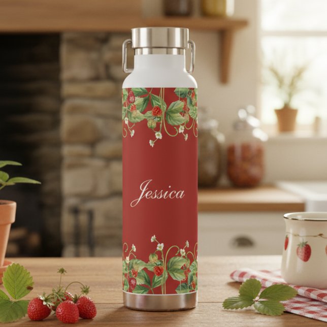 Cute Strawberry Custom Name Water Bottle (sweet girly cottagecore strawberry red water bottle with custom name in elegant calligraphy script)