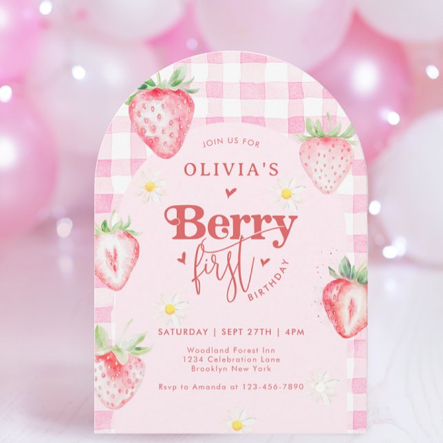 Cute Strawberry Daisy Berry 1st Arch Birthday Invitation (Creator Uploaded)