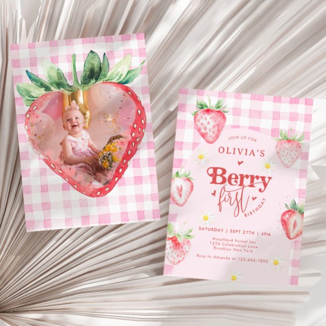 Cute Strawberry Daisy Berry First Photo Birthday Invitation (Creator Uploaded)