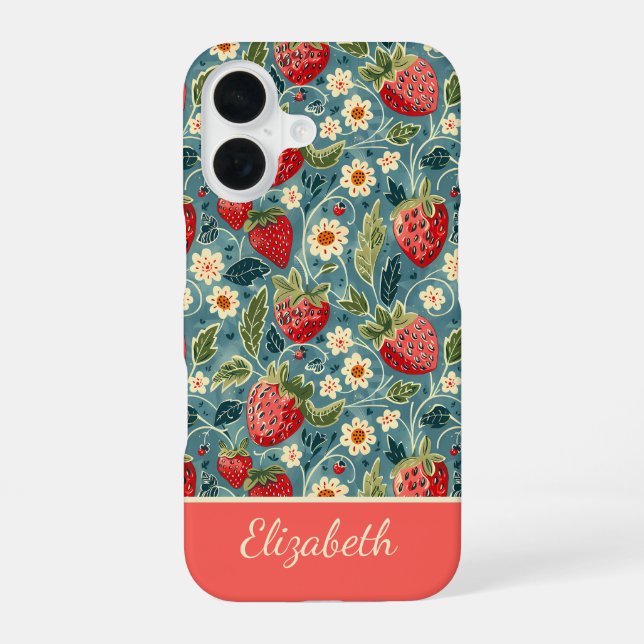 Cute Strawberry Design with custom Name   iPhone 16 Case (Back)