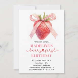 Cute Strawberry first Girl birthday Invitation
