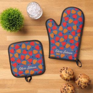 Cute Strawberry Floral Red Orange Blue Oven Mitt & Pot Holder Set