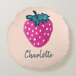 Cute Strawberry Fruit Custom Name  Round Cushion
