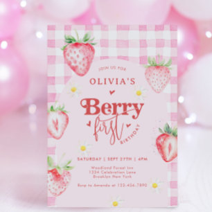 Cute Strawberry Fruit Daisy Berry First Birthday Invitation