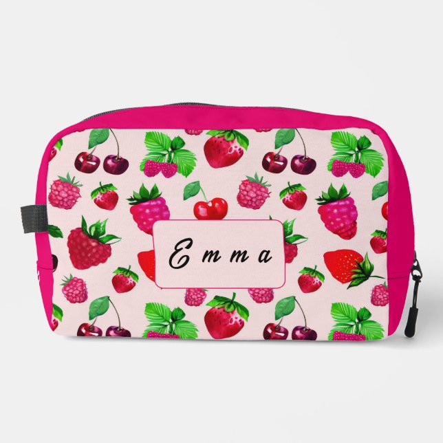 Cute Strawberry Fruit Pattern Custom Name Dopp Kit (Front)
