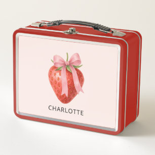 Cute Strawberry Fruit Pink Bow Coquette Monogram Metal Lunch Box