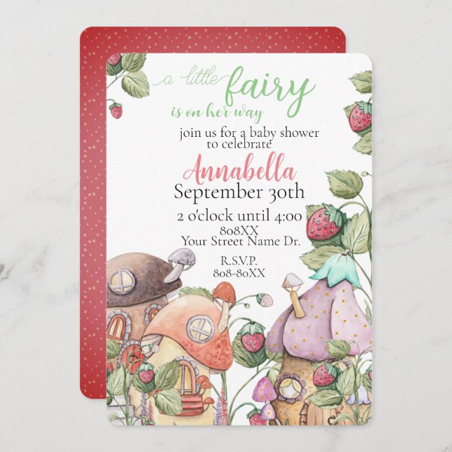 Cute Strawberry Garden Fairy Houses Invitation (Front/Back)