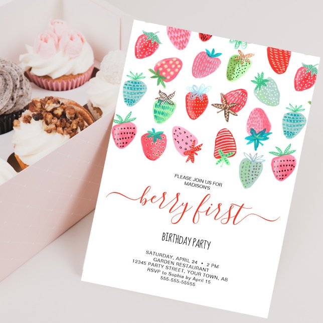 Cute Strawberry girl berry first birthday party Invitation (Cute Strawberry girl berry first birthday party Invitation)