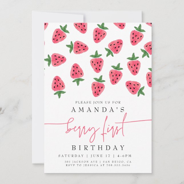 Cute Strawberry Girl Berry First Birthday Party  Invitation (Front)