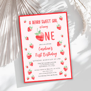 Cute Strawberry Girl First birthday Invitation