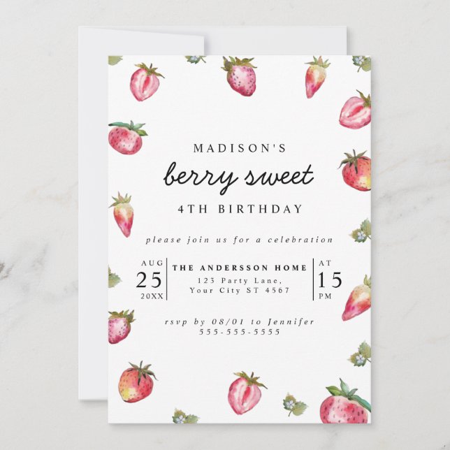 Cute Strawberry Girl's Birthday Party Berry Sweet  Invitation (Front)