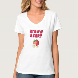 Cute Strawberry Graphic White V-Neck T-Shirt