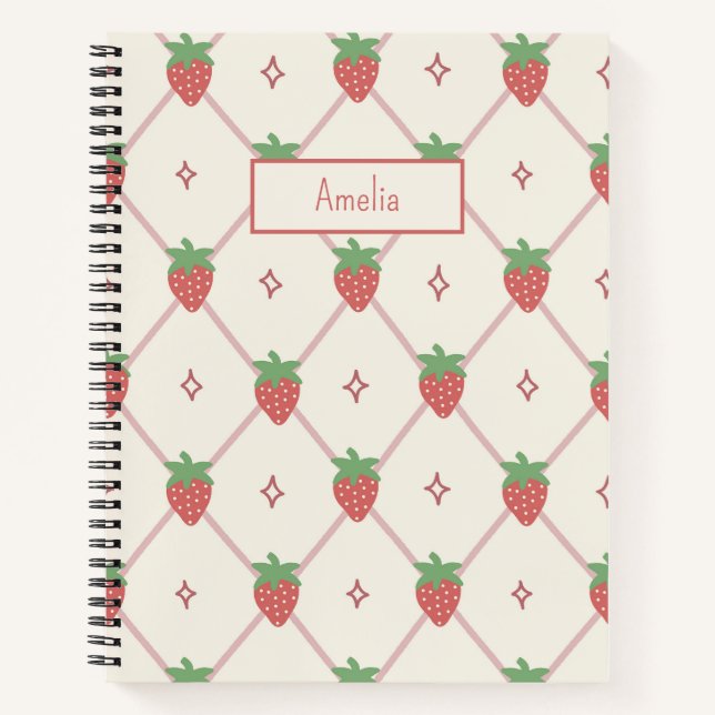 Cute Strawberry Grid Personalised Name Notebook (Front)