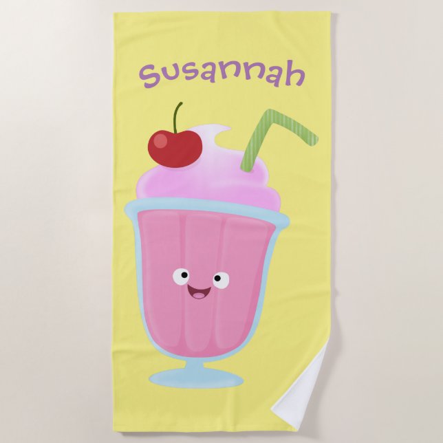 Cute strawberry ice cream sundae cartoon beach towel (Front)