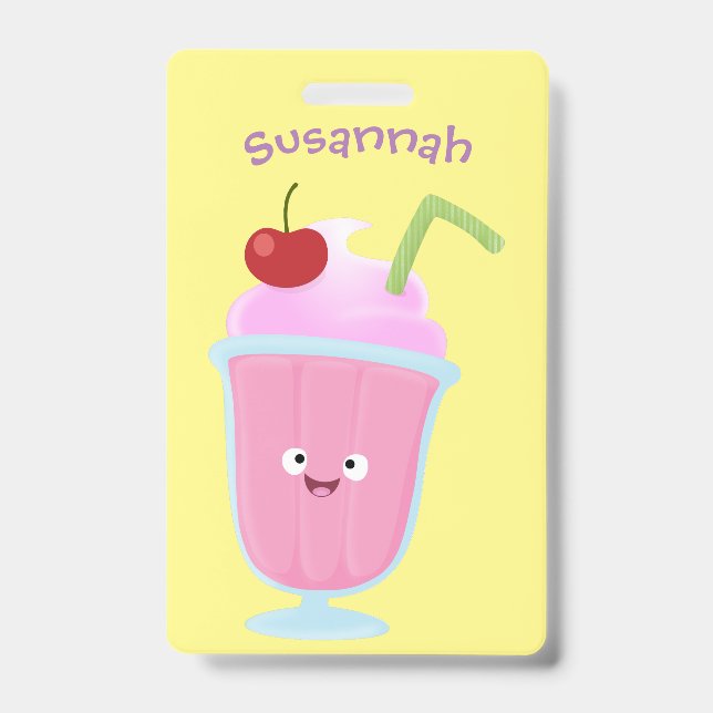 Cute strawberry ice cream sundae cartoon ID badge (Front)