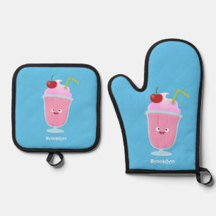 Cute strawberry ice cream sundae cartoon oven mitt & pot holder set