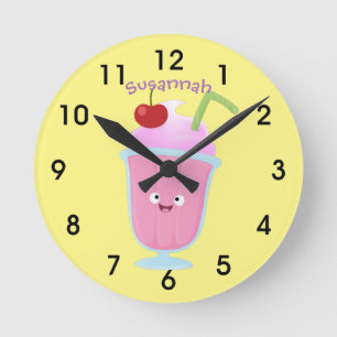 Cute strawberry ice cream sundae cartoon round clo clock