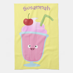 Cute strawberry ice cream sundae cartoon tea towel