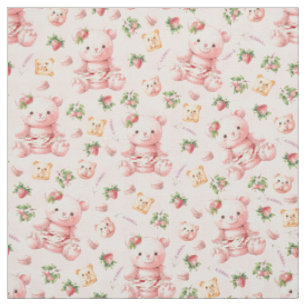 Cute Strawberry Macaron Teddy Bear and Berries Fabric