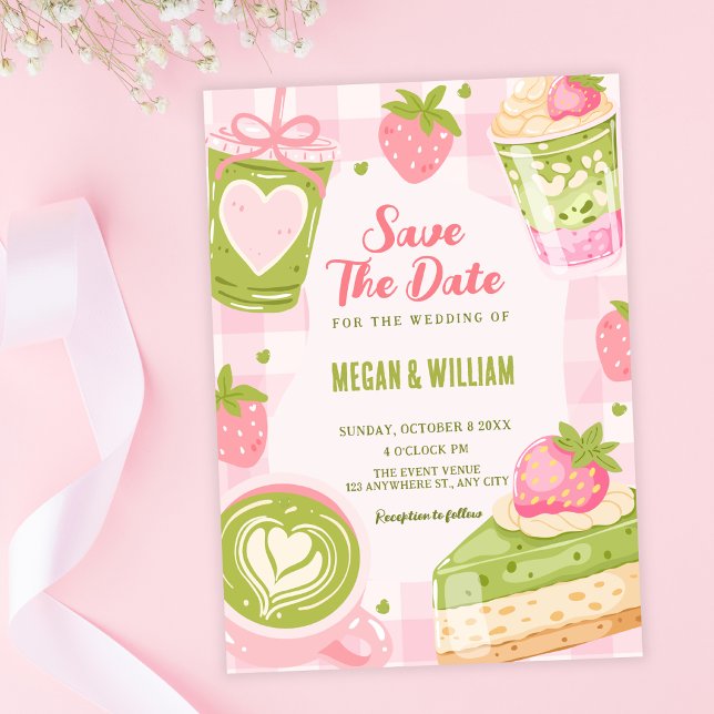Cute strawberry matcha sweet wedding save the date (Creator Uploaded)