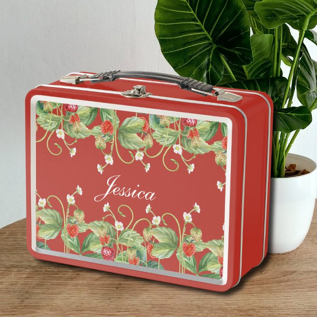 Cute Strawberry Metal Lunchbox (cute sweet cottagecore strawberry personalized lunchbox with custom name in girly calligraphy script)